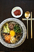 Bibimbap; Korean Dish; From Above; Spoon and Chopsticks