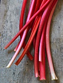 Rhubarb on a wooden surface