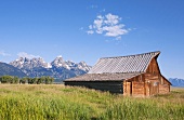 Reste einer historischen Scheune vor der Grand Teton Range (USA)