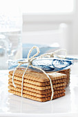 Small presents: shortbread biscuits and chocolate fish tied as small packed lunches