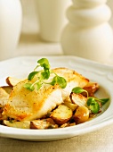Pan Seared Cod Fish with Roasted Potatoes and Garlic