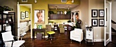 Contemporary hair salon with hardwood floors panoramic