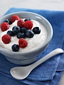 Bowl of Plain Greek Yogurt Topped with Fresh Blueberries and Raspberries