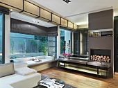 Luxuriöses Badezimmer mit Ruheraum und einer breiten Glasfront