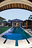 Fisheye view private pool at tropical resort suite