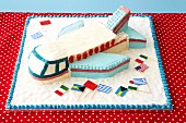 An aeroplane cake with various flags