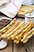 Fresh pastry straws in assorted flavours; served with chocolate and garlic dips
