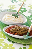 Aubergine purée with tomatoes and mashed potato