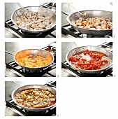 Preparing a Spicy Shrimp and Tomato Dish in a Skillet on the Stove