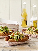 Grilled Hotdogs in Cardboard Dishes with Bottles of Beer