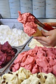 An ice cream seller scooping raspberry ice cream into a cone