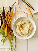 Hummus with Sliced Multi-Colored Carrots