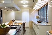Moderne Küche mit freistehendem Küchenblock unter Dunstabzug