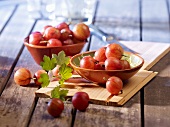 Red gooseberries in bowls and in front of them
