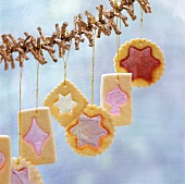 Christmas biscuits hanging from garland