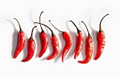 Eight Red Chili Peppers on a White Background