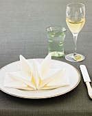 Place Setting with Decoratively Folded Napkin, Water and White Wine