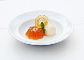 Jelly with ice cream, sliced apple and mint