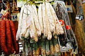 Air Dried Spanish Sausages on Display at the La Boqueria Market in Barcelona, Spain