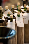 Wrapped up wine bottles, prepared for blind wine tasting