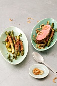Roast beef with bacon-wrapped asparagus