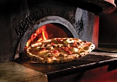 Pizza In Front of a Wood Fired Oven
