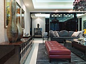 Red leather bench in modern living room