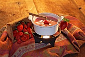 Creamy Raspberry Fondue with Fresh Strawberries and Raspberries