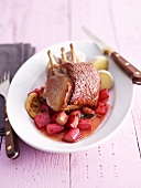 Suckling pig with caramelised rhubarb and boiled potatoes