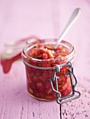 Rhubarb chutney in a preserving jar