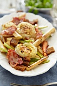 Black salsify vegetables with bacon and croutons