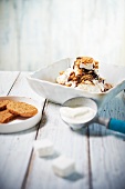 Ice Cream Sundae with Vanilla Ice Cream, Crumbled Cookies and Hot Fudge; Homemade Marshmallows