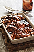 Croissant pudding with chocolate sauce