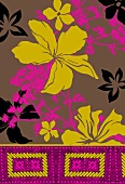 Olive green and pink tropical flowers on light brown background (print)