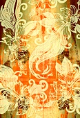 Floral design on orange and brown background (print)