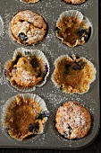 A half eaten tray of muffins