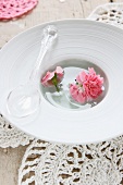 A plastic spoon and carnations floating in a dish