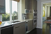 Moderne Küchenzeile im Designerstil mit grauen Fronten und Spülbereich vor dem Fenster