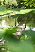 Vermorschter Holzsteg am Teich