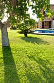Well-tended gardens of a Mallorcan Finca with pool and mature trees
