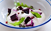 Yogurt dip with beetroot, capers, rocket and red pepper