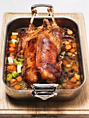 Roast goose in a roasting tin