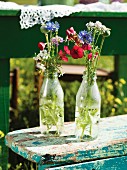 Bunches of wild flowers in bottles