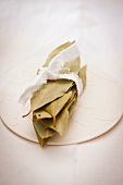 A bunch of dried bay leaves tied with a ribbon