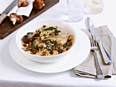 Farfalle with chicken and bacon and mushroom sauce