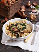 Farfalle with chicken and bacon and mushroom sauce