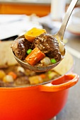Beef Stew in a Ladle; Over Pot of Stew