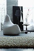 Modern beanbag and light long-pile rug in front of blackboard with drawing of standard lamp