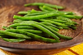 Whole Steamed Green Beans in a Wooden Bowl