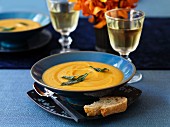Lentil and sweet potato soup and two glasses of wine